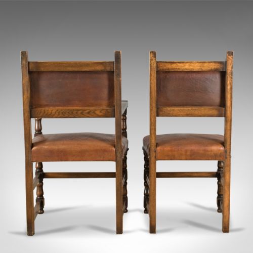 fig 4. Set of Six Antique Dining Chairs, Edwardian in 17th Century Taste, Oak Leather