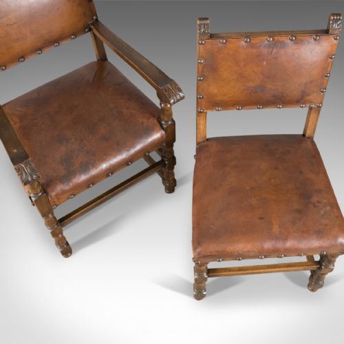fig 5. Set of Six Antique Dining Chairs, Edwardian in 17th Century Taste, Oak Leather