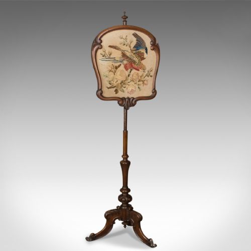 Antique Pole Screen, English, Victorian, Fire, Needlepoint, Tapestry Circa 1850
