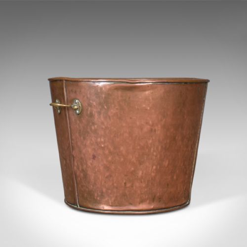 Large Antique Log Bin, English Fireside Scuttle, Coppered Finish, Circa 1900