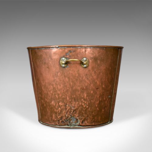 fig 1. Large Antique Log Bin, English Fireside Scuttle, Coppered Finish, Circa 1900