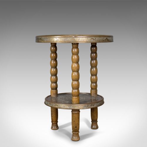 Asian Antique Side Table, Circular Brass Inlaid Tea, Benares, Berber, Circa 1900