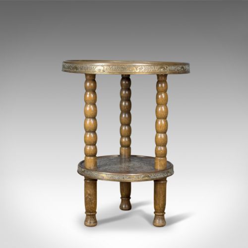 fig 1. Asian Antique Side Table, Circular Brass Inlaid Tea, Benares, Berber, Circa 1900