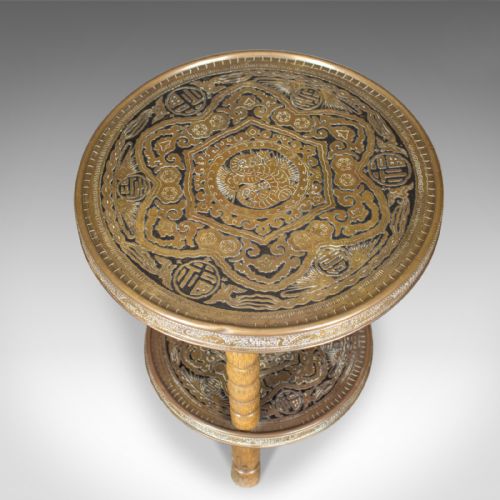 fig 2. Asian Antique Side Table, Circular Brass Inlaid Tea, Benares, Berber, Circa 1900