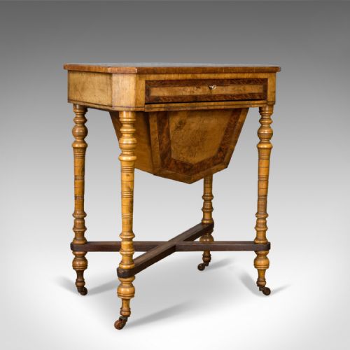 Antique Work Table, Regency, Sewing, English, Burr Walnut, Amboyna, Circa 1820