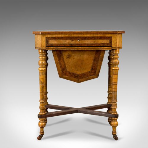 fig 1. Antique Work Table, Regency, Sewing, English, Burr Walnut, Amboyna, Circa 1820