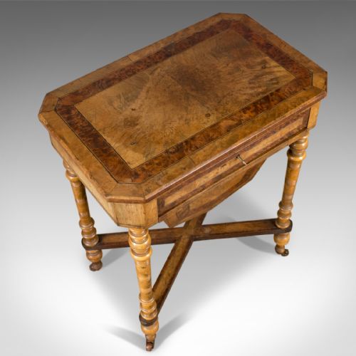 fig 4. Antique Work Table, Regency, Sewing, English, Burr Walnut, Amboyna, Circa 1820