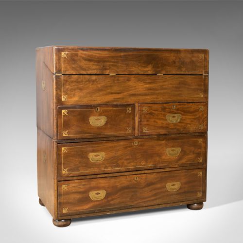 Antique Campaign Chest, Edwardian, Officer's Secretaire, Drawers, Bureau