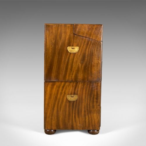 fig 1. Antique Campaign Chest, Edwardian, Officer's Secretaire, Drawers, Bureau