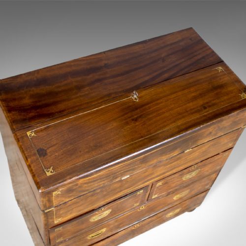 fig 2. Antique Campaign Chest, Edwardian, Officer's Secretaire, Drawers, Bureau
