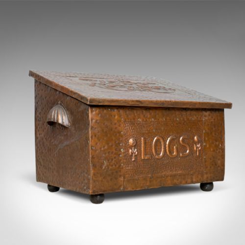 Antique Log Box, English, Art Nouveau, Fireside Scuttle, Copper, Circa 1920