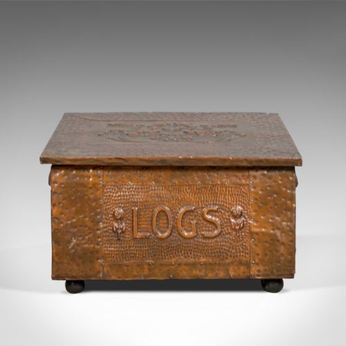 fig 1. Antique Log Box, English, Art Nouveau, Fireside Scuttle, Copper, Circa 1920