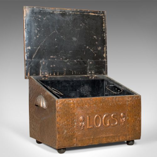 fig 3. Antique Log Box, English, Art Nouveau, Fireside Scuttle, Copper, Circa 1920