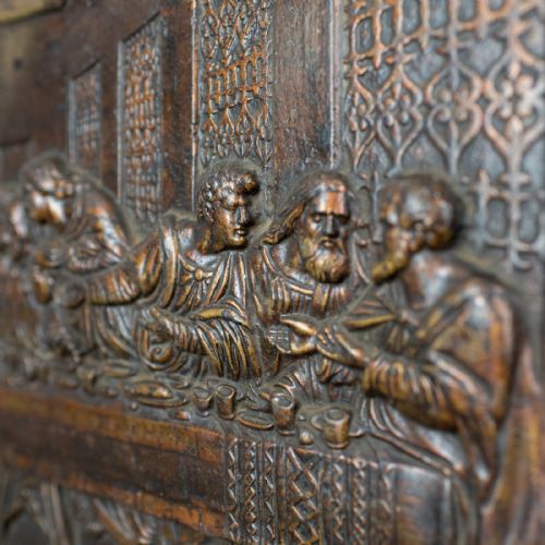 fig 3. Antique Bronzed Iron Plaque, Da Vinci's The Last Supper, Fireback, Wall, c.1890