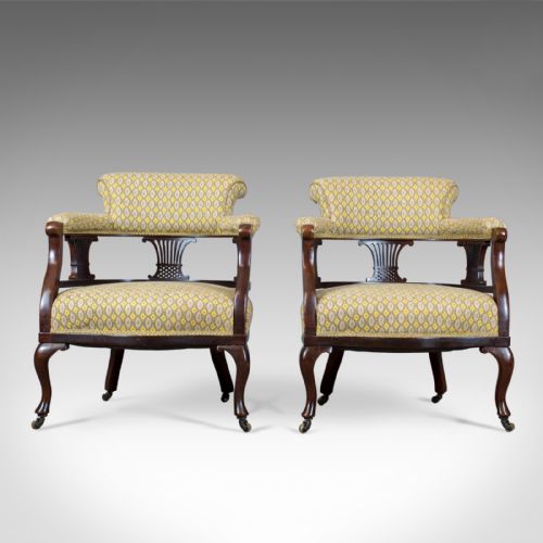 Pair of Antique Salon Chairs, English, Victorian, Scroll Back, Armchairs, C.1870