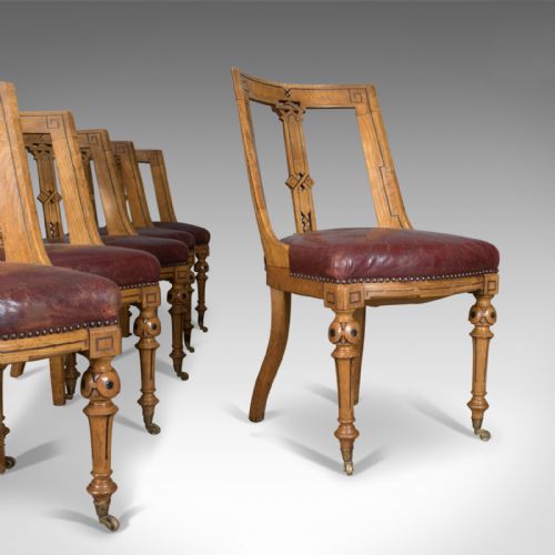 Set of Six Antique Dining Chairs, Scottish Ash Leather, Aesthetic Movement C1880