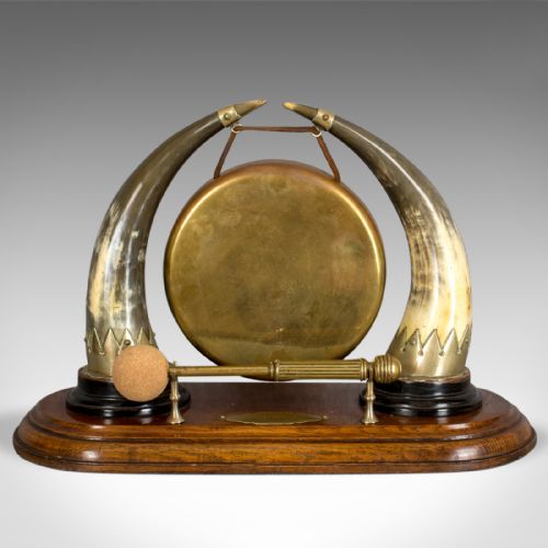 Antique Dinner Gong, English, Edwardian, Table, Oak Plinth, Circa 1910