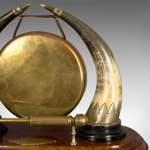 fig 1. Antique Dinner Gong, English, Edwardian, Table, Oak Plinth, Circa 1910
