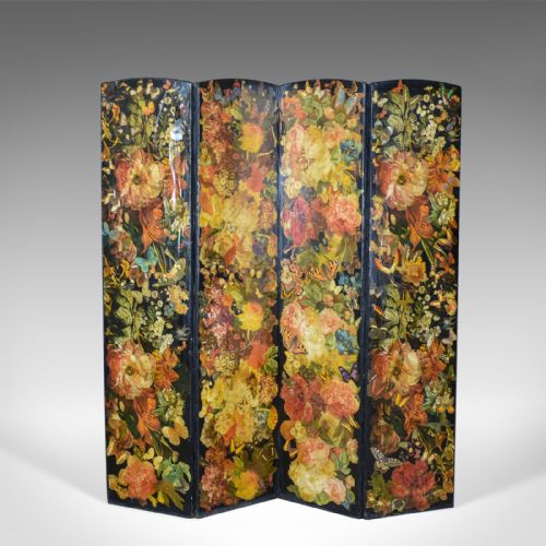 Antique Scrap Screen, Four Fold Victorian Room Divider Photographers Prop C.1870