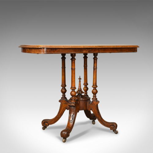 Antique Side Table, English, Victorian, Lamp, Burr Walnut, Circa 1870