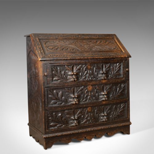 Antique Bureau, English, Oak, Victorian, Green Man, Circa 1880
