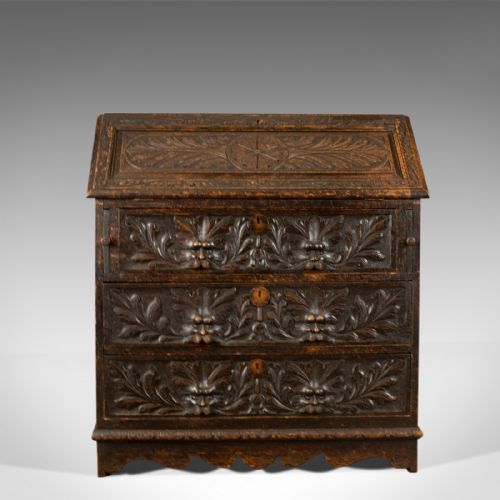 fig 1. Antique Bureau, English, Oak, Victorian, Green Man, Circa 1880