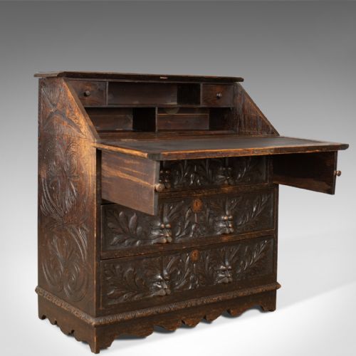 fig 4. Antique Bureau, English, Oak, Victorian, Green Man, Circa 1880