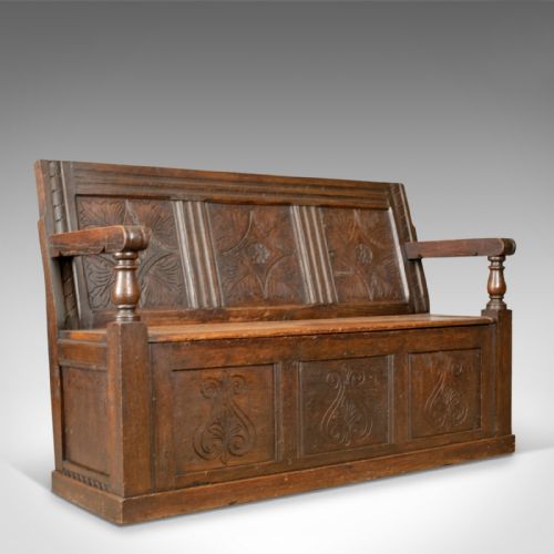 Antique Settle, English, Oak, Bench, Seat, Circa 1700