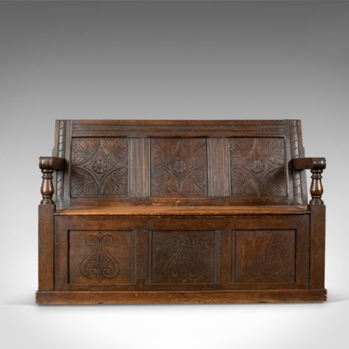 fig 1. Antique Settle, English, Oak, Bench, Seat, Circa 1700