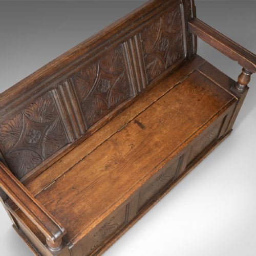 fig 4. Antique Settle, English, Oak, Bench, Seat, Circa 1700