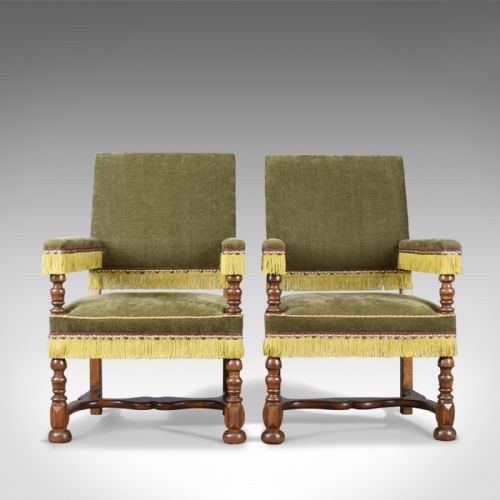 Pair of Antique Armchairs, English Oak Edwardian Jacobean Revival Chairs C.1910