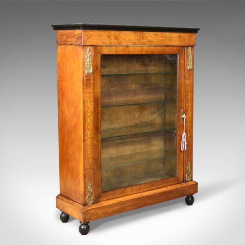 Antique Pier Cabinet, English Burr Walnut Glazed Display Cupboard, C.1870