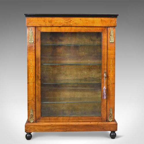 fig 1. Antique Pier Cabinet, English Burr Walnut Glazed Display Cupboard, c.1870