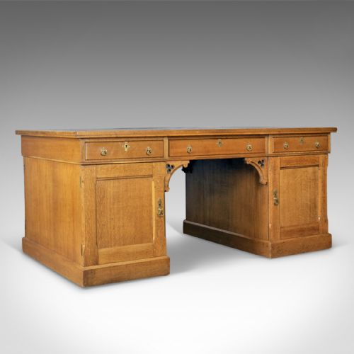 Antique Partner's Desk, John Taylor & Son, Edinburgh, Gothic, Oak, Circa 1870