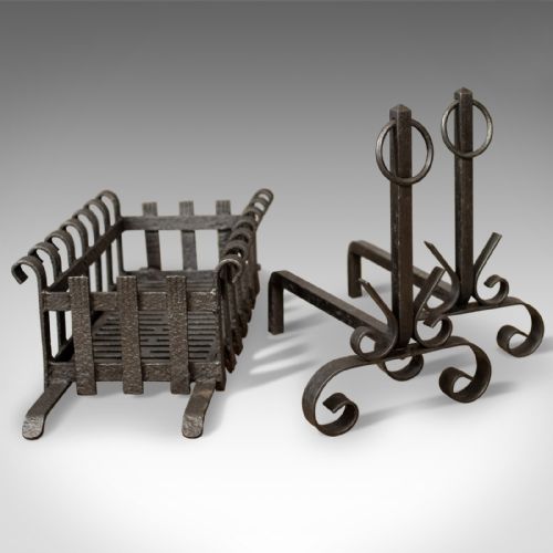 fig 1. Antique Fire Basket on Andirons, Fire Dogs, English, Fireplace Grate c.1900