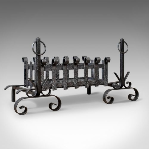 Antique Fire Basket on Andirons, Fire Dogs, English, Fireplace Grate C.1900