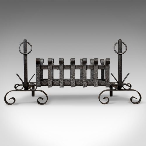 fig 2. Antique Fire Basket on Andirons, Fire Dogs, English, Fireplace Grate c.1900