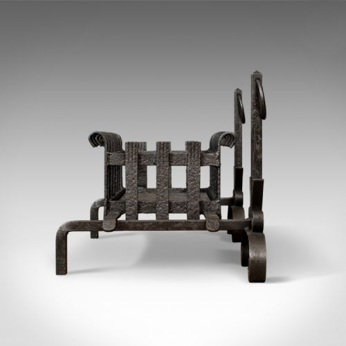 fig 3. Antique Fire Basket on Andirons, Fire Dogs, English, Fireplace Grate c.1900