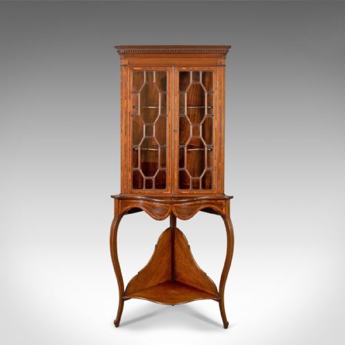 Antique Display Cabinet on Stand, English, Edwardian, Glazed, Mahogany, Corner