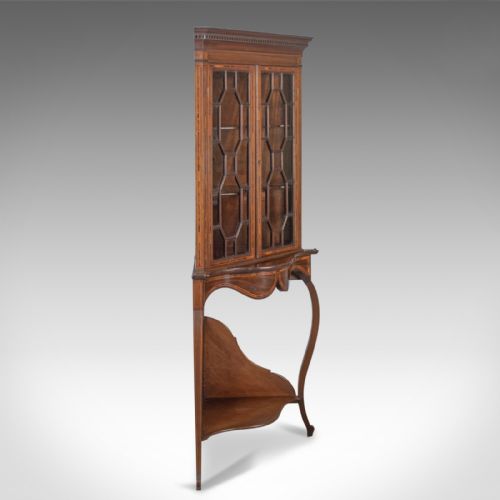fig 1. Antique Display Cabinet on Stand, English, Edwardian, Glazed, Mahogany, Corner