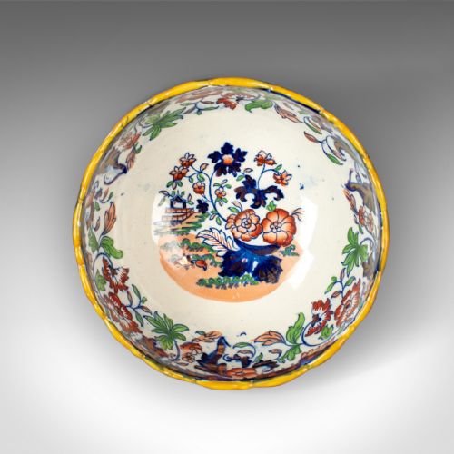 fig 1. Antique Footed Bowl, Blue, White and Ochre, Ironstone, Fruit Circa 1900