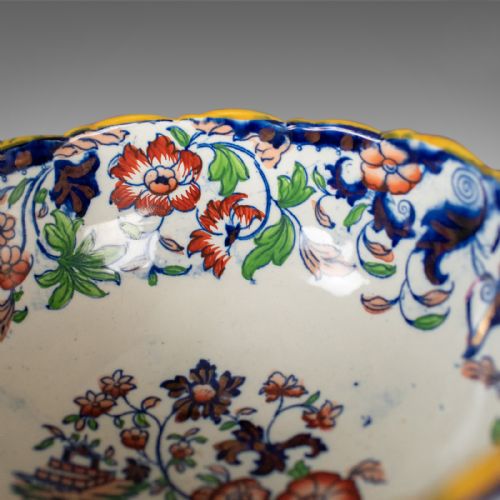 fig 2. Antique Footed Bowl, Blue, White and Ochre, Ironstone, Fruit Circa 1900