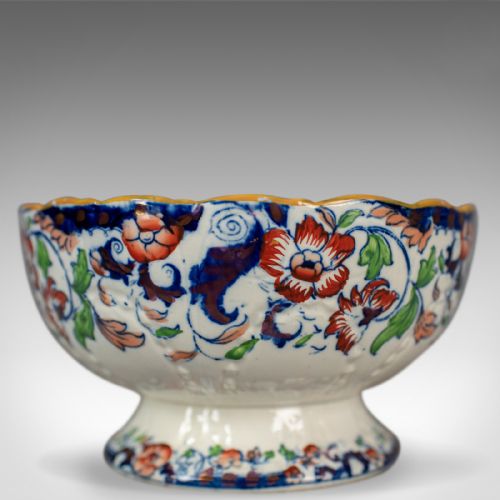 fig 3. Antique Footed Bowl, Blue, White and Ochre, Ironstone, Fruit Circa 1900