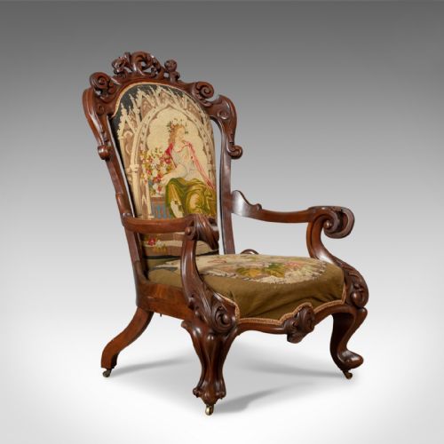 Antique Armchair, 19th Century, Victorian, Chair, Walnut, Needlepoint Circa 1850