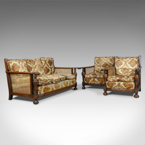 Antique Conservatory Suite, Oak, Bergere, Three Seater Sofa, Two Chairs, C.1910