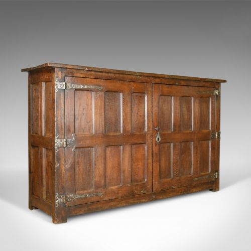 Antique Long Cupboard, Large, Heavy, Early, English, Oak, Panelled C17th & Later