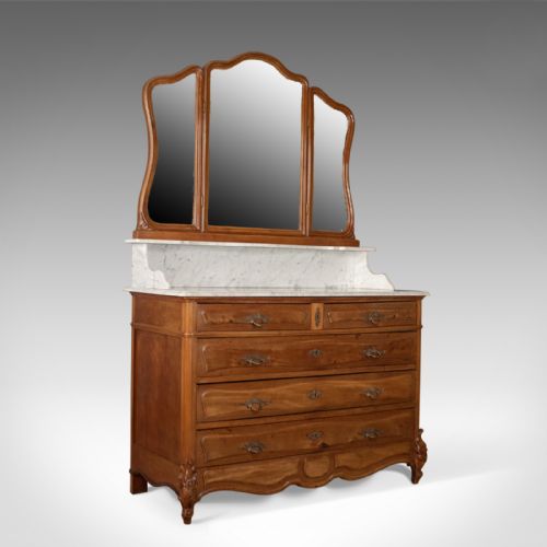 Antique Vanity Chest of Drawers, French, Marble Top, Mirror Back, Mahogany C1880