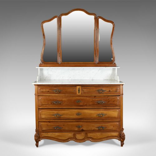 fig 1. Antique Vanity Chest of Drawers, French, Marble Top, Mirror Back, Mahogany c1880