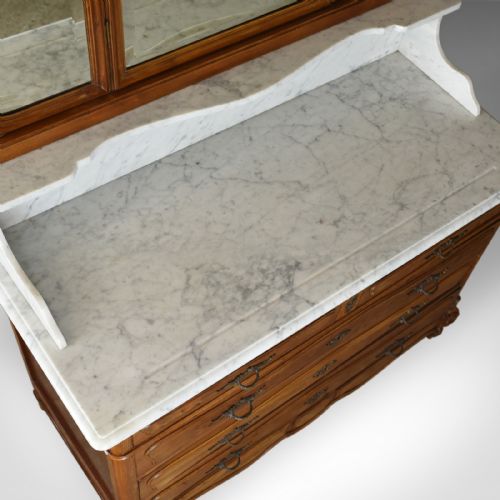 fig 3. Antique Vanity Chest of Drawers, French, Marble Top, Mirror Back, Mahogany c1880