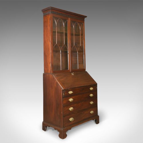 Antique Bureau Bookcase, English, Georgian Mahogany, Gothic Overtones Circa 1780
